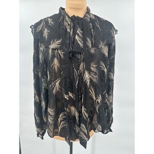 Bishop‎ + Young Sheer Blouse Ruffle Neck Long Sleeve Feather Print Top  Blouse